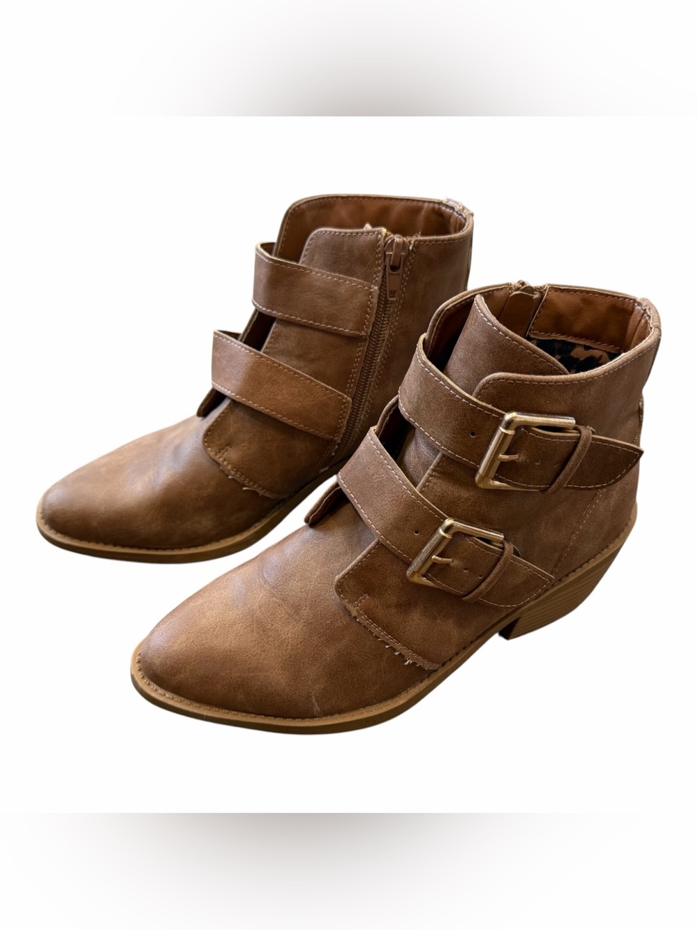 Justice Girls Tan Brown Double Buckle Side Zip Ankle Boots Size 4Y / 6 Women’s